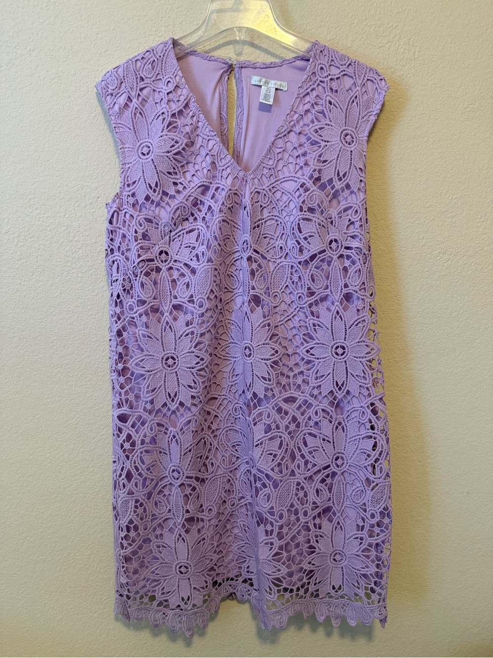 London Times Purple Floral Lace Overlay V-Neck Sleeveless Shift Dress 8